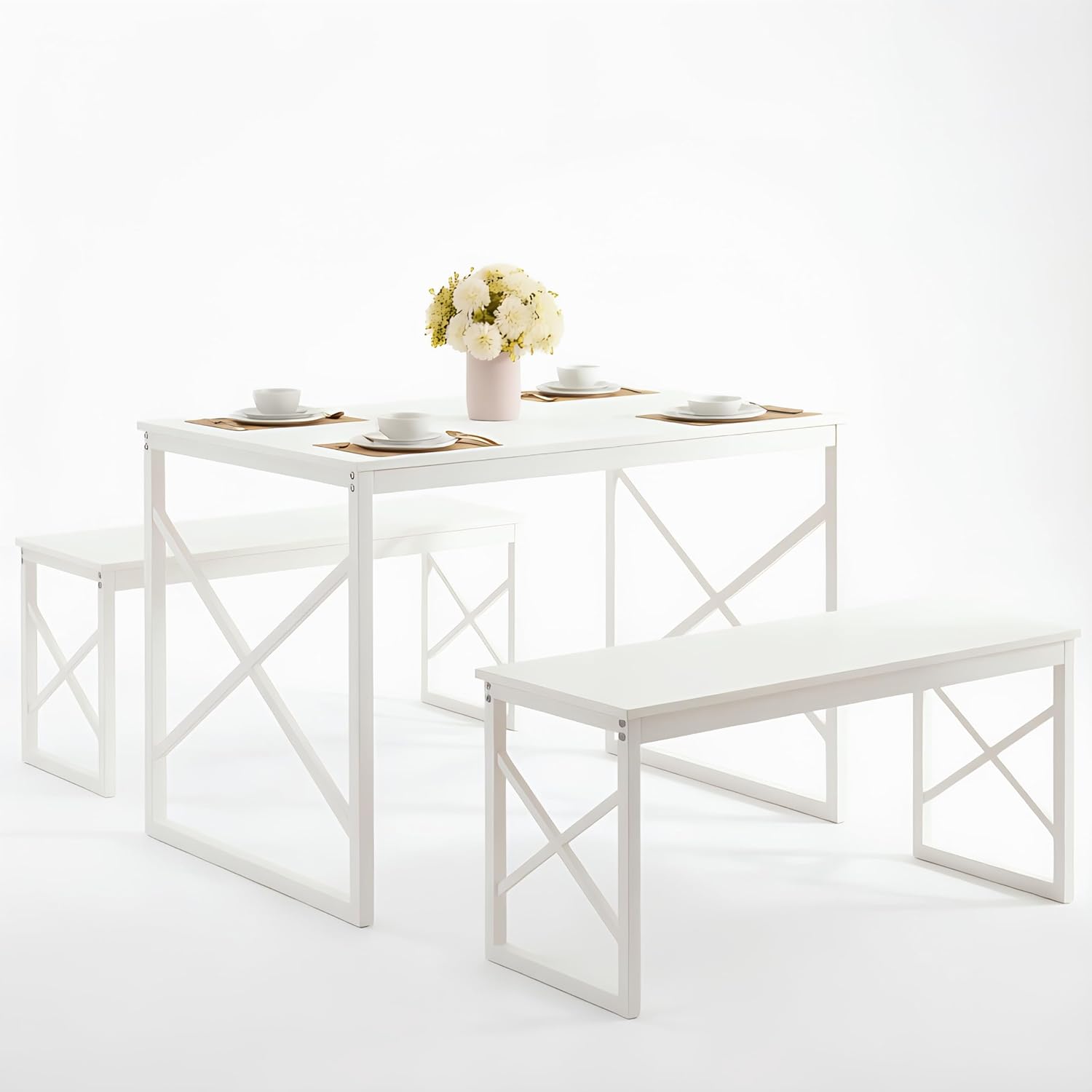 VECELO 43.3" Kitchen Dining Table Set for 4, Heavy-Duty Steel Frame & Wood-Grain Tabletop, Space-Saving Dinette Sets with 2 Benches for Breakfast Nook and Small Space, White