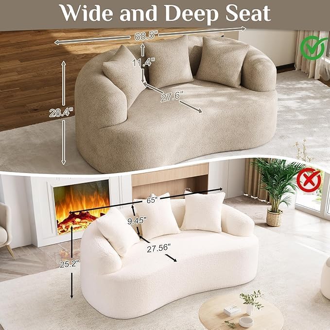 DAMAIFROM 68.5" Loveseat Sofa for Living Room, Modern Luxury Plush Chenille Extra Deep Seat Curved Cloud Floor Couch with 3 Throw Pillows for Small Spaces, No Assembly Needed, Light Brown