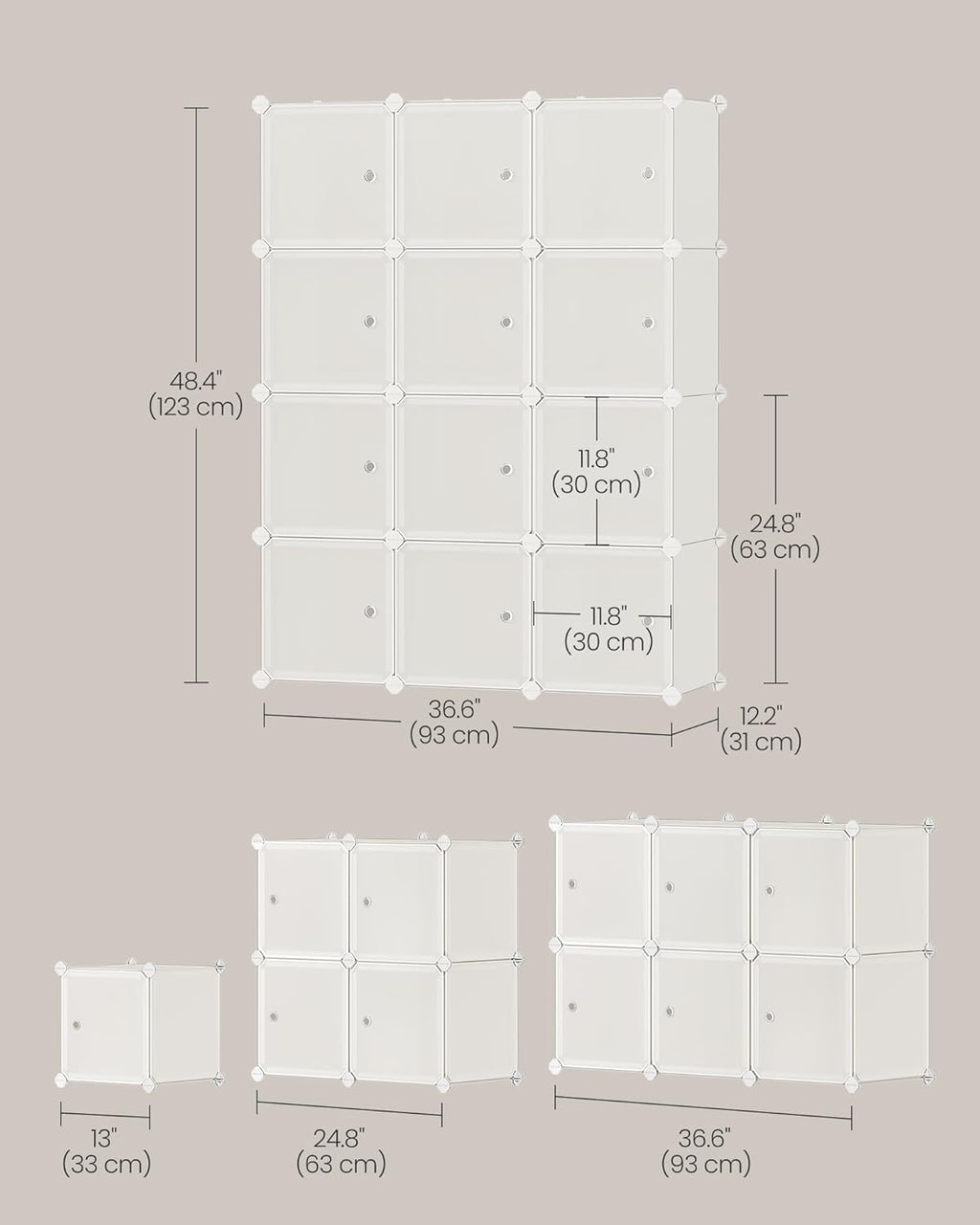 SONGMICS Cube Storage Organizer, Set of 12 Plastic Cubes, Closet Storage Shelves, DIY Plastic Closet Cabinet, Modular Bookcase, Shelving with Doors for Bedroom, Living Room, Cream White ULPC342W02