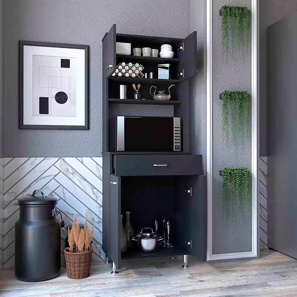 Pantry Cabinet 67" H,Four Doors,One Drawer,Three Internal Shelves,2 External Storage Shelves,Microwave Storage Option,Four Legs,Black