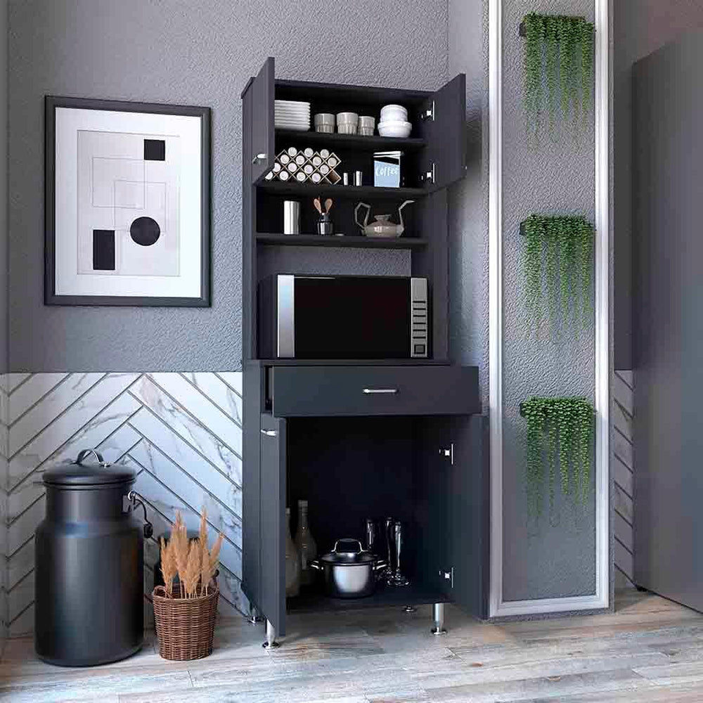 Black 67" H Pantry Cabinet, 4 Doors, 1 Drawer, Microwave Storage & 5...