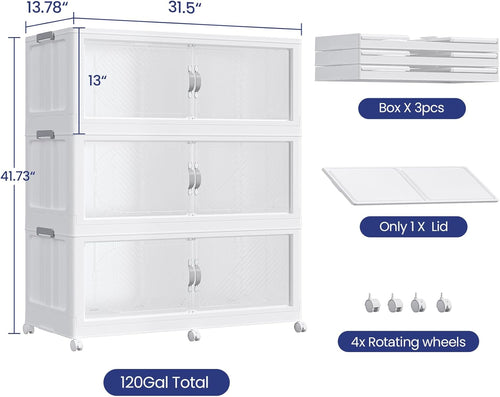 480QT Extra Large Stackable Storage Bins with Lid & Wheels & Doors, 120Gal Foldable Collapsible Closet Organizers, Plastic Cabinet Box Container Drawer for Home Kitchen Bedroom, 3Pack White