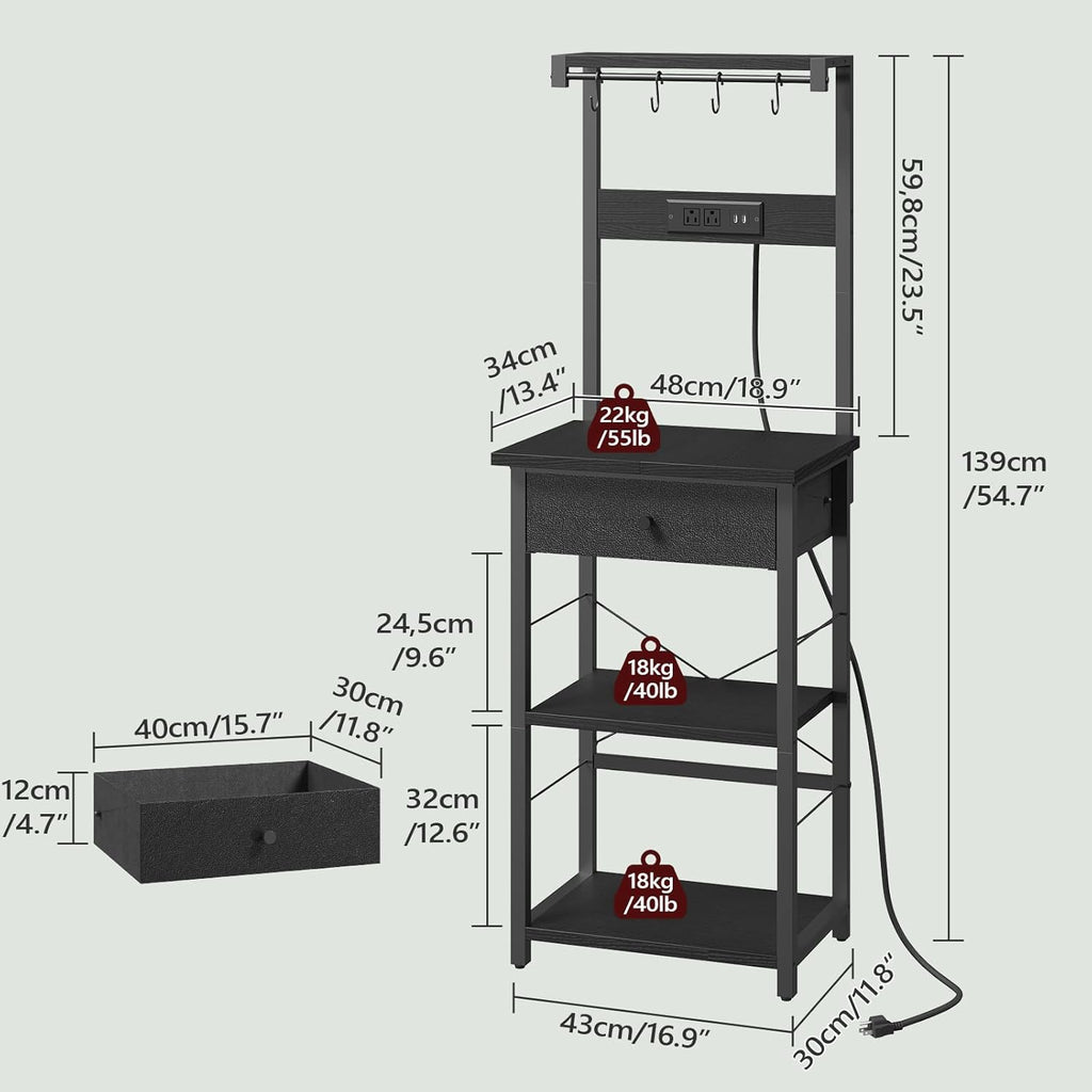 MAHANCRIS Bakers Rack with Drawer, Microwave Stand with Power Outlet, Coffee Bar Station with 4 Hooks, Kitchen Storage Shelf Rack 4 Tiers, for Kitchen, Dining Room, Black BRBK48E01