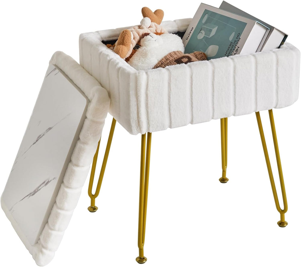 IBUYKE Vanity Chair with Storage, Faux Fur Footrest Ottoman, White LG-50W | S...