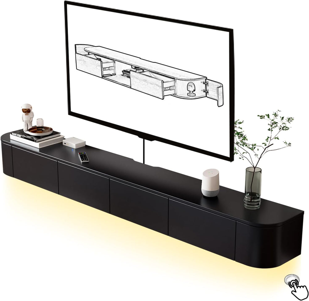 Solid Wood Floating TV Stand - Wall Mounted Media Console with 2 Side Doors, ...
