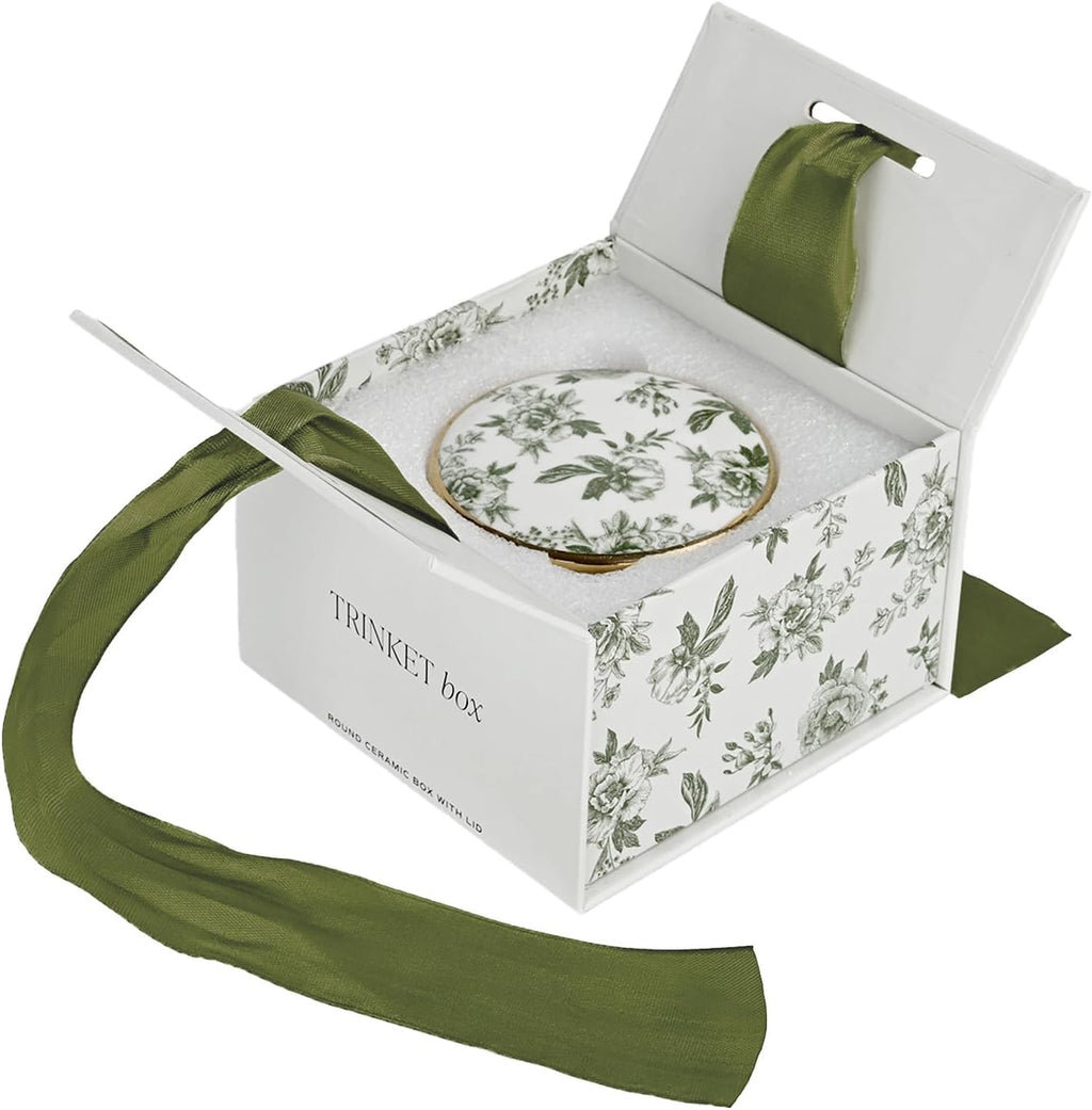 Sweet Water Decor Green Delft Round Trinket Box, Jewelry Storage for Bathroom Counter or Nightstand, Ring Holder for Bridal Shower, Wedding, or Home, Elegant Jewelry Holder & Organizer for Women