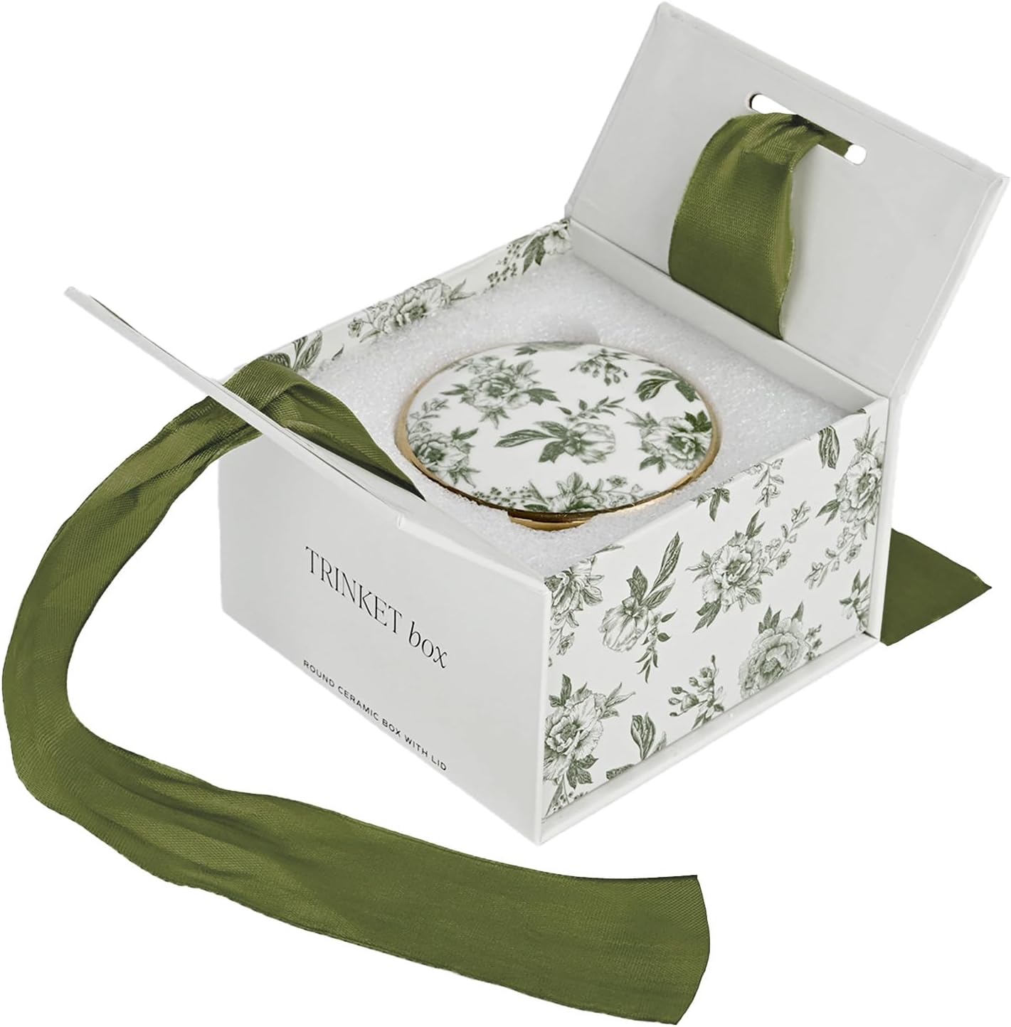 Sweet Water Decor Green Delft Round Trinket Box, Jewelry Storage for Bathroom Counter or Nightstand, Ring Holder for Bridal Shower, Wedding, or Home, Elegant Jewelry Holder & Organizer for Women