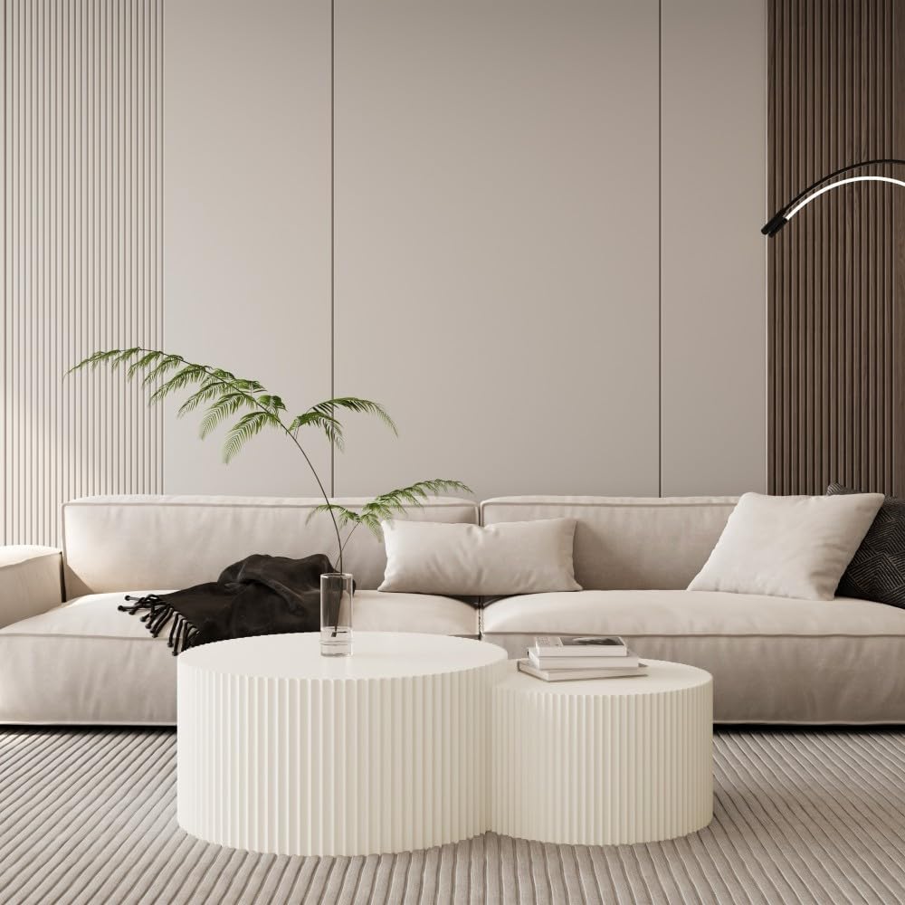 Brilluxa Nesting Coffee Table Set of 2, Vertical Stripe Design, Beige | Two-P...