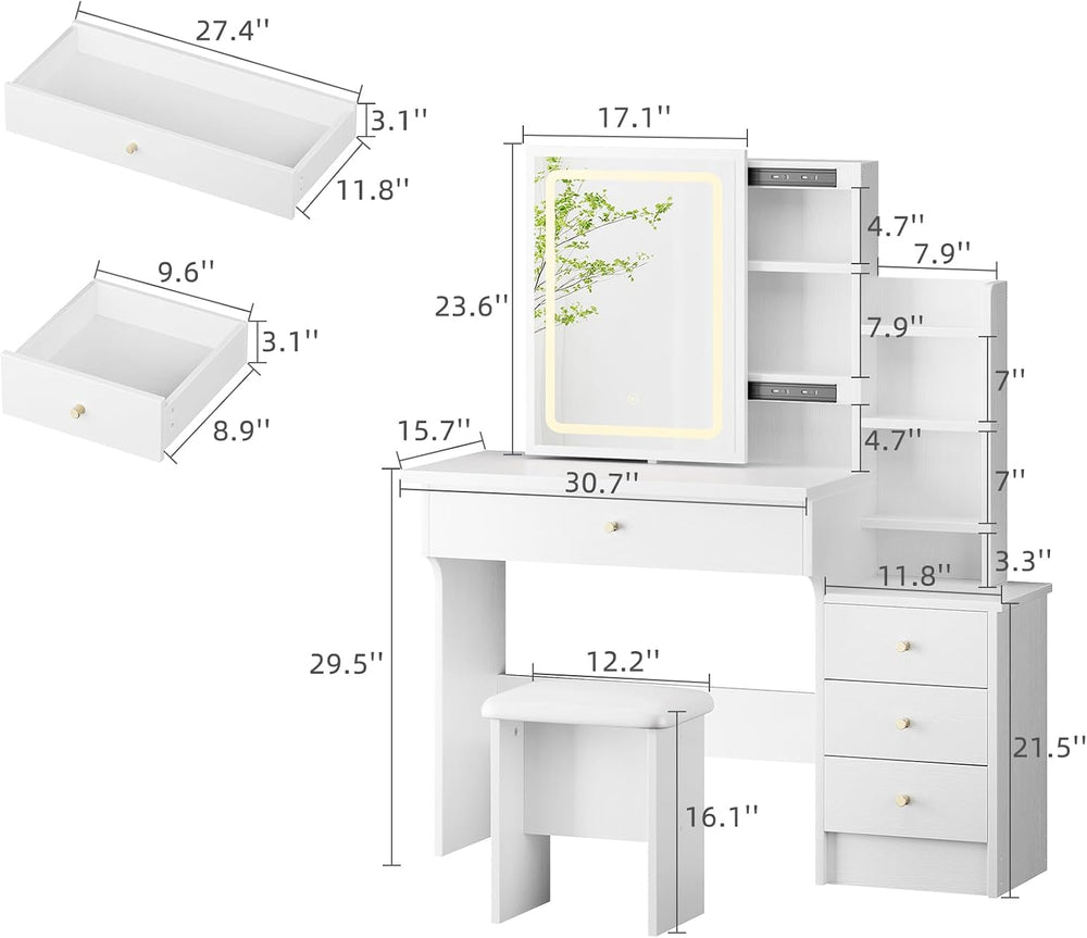 Memobarco White Makeup Vanity Desk with Sliding Mirror & 4 Drawers | Smar...