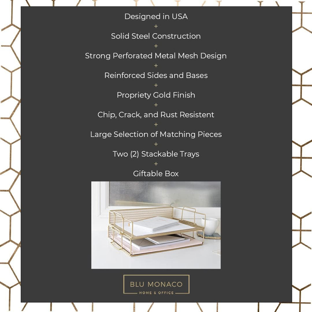 BLU MONACO Gold Mesh Paper Tray – Set of 2 Stackable Letter Trays – Durable Metal Desk Organizer for Home, Office & School – Stylish Document Holder, File Storage, and Workspace Organizer