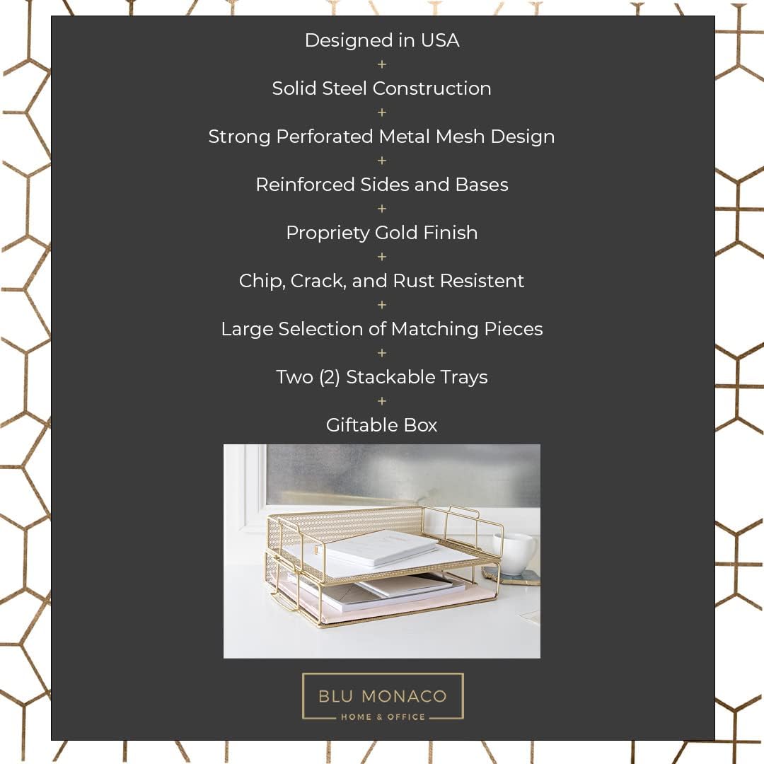 BLU MONACO Gold Mesh Paper Tray – Set of 2 Stackable Letter Trays – Durable Metal Desk Organizer for Home, Office & School – Stylish Document Holder, File Storage, and Workspace Organizer