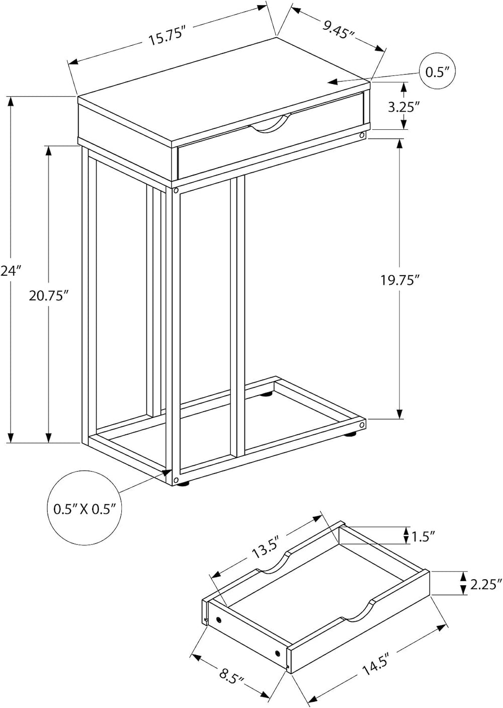 Accent Table, C-Shaped, End, Side, Snack, Storage Drawer, Living Room, Bedroo...
