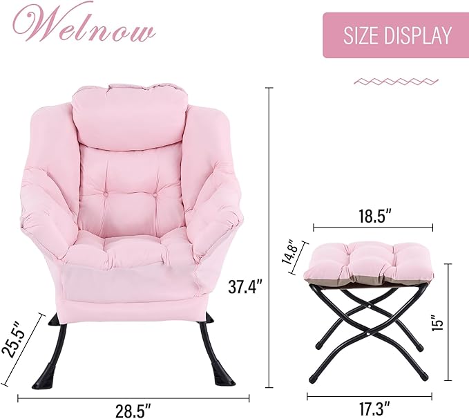 Welnow Lazy Chair with Ottoman, Modern Reading Lounge Accent Chair with Armrests and a Side Pocket, Leisure Upholstered Lazy Sofa Set with Footrest for Small Space