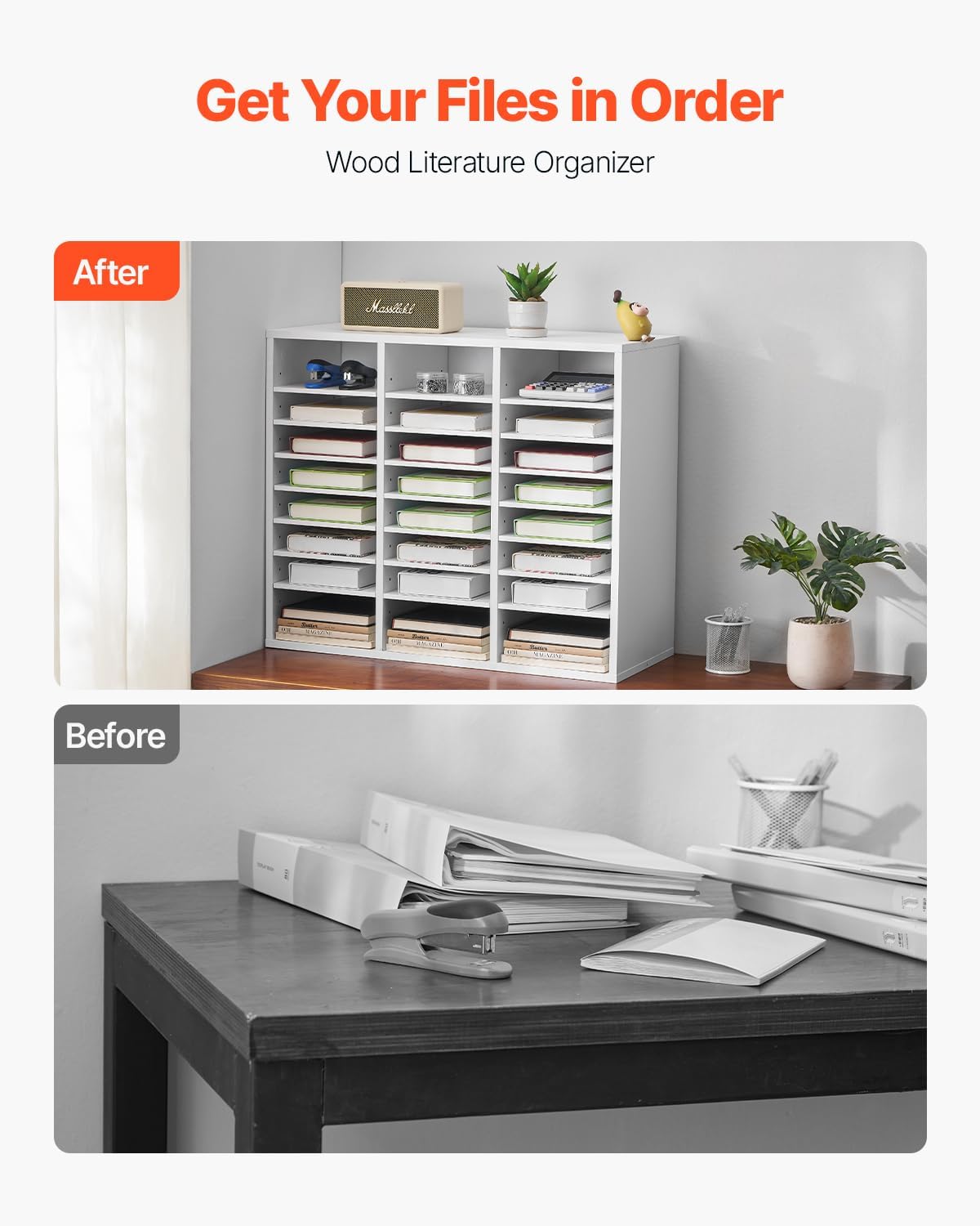 VEVOR Literature Organizer, 24 Compartments Office Mailbox with Adjustable Shelves, Wooden Mailbox Sorter Medium Density Fiberboard Office Home Classroom Storage for Files, Documents, Papers, White