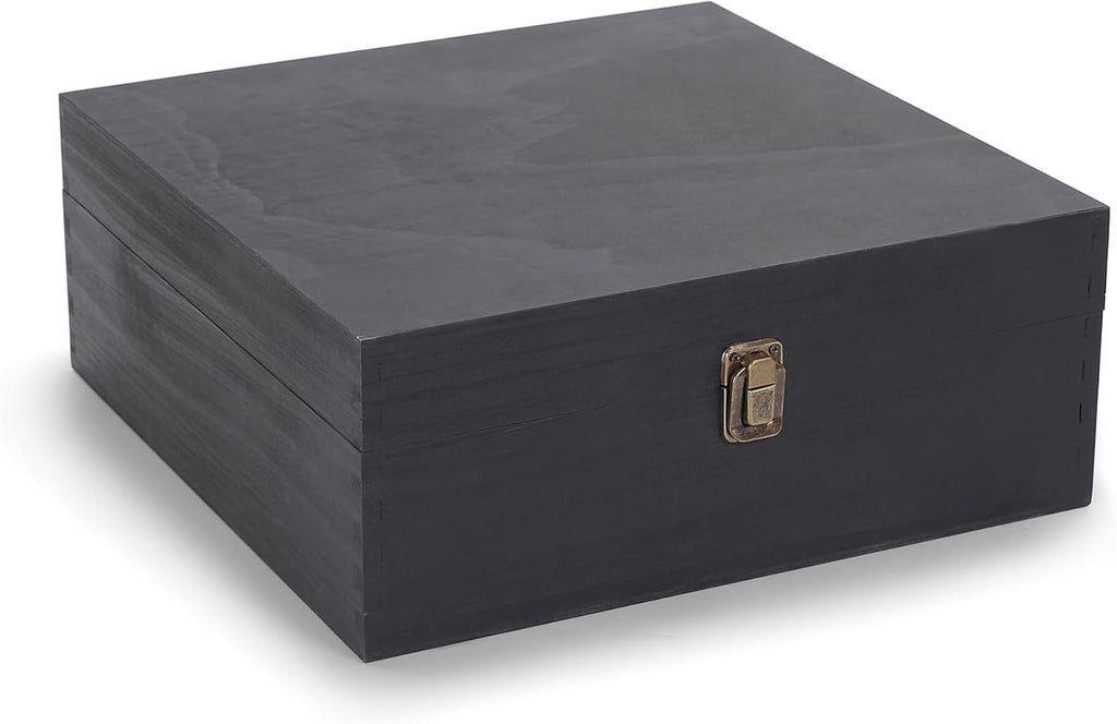 makerflo Medium Black Pine Wood Memory Box with Black Felt Inside, Hinged with Clasp, Keepsake Wooden Box Ideal for Craft, Personalization (Laser Engraving, Epoxy, UV DTF, and Vinyl) – Pack of 1