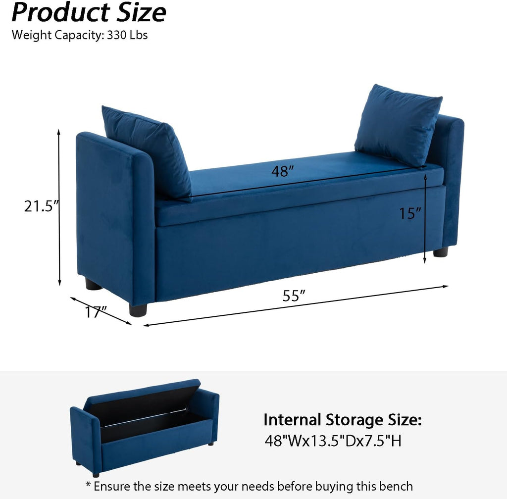 55" Navy Storage Bench for Bedroom King Size Bed, Velvet | Long Ottoman, Modern End of Bed Bench, with Arm, Upholstered, For Bedroom/Living Room/Window/Entryway