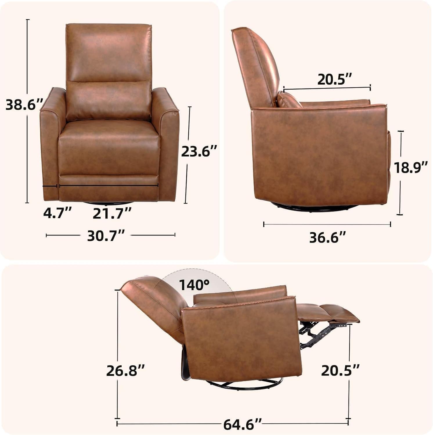 GAOMON Swivel Rocking Recliner Chair, Manual Leather Recliner Glider with | Lumbar Support & Padded Armrest, Comfortable Rocker Nursery Single Sofa for Living Room and Bedroom (Brown)