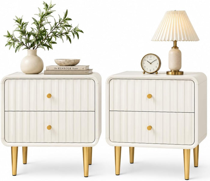 HLR Modern Nightstand Set of 2, Fluted Bed Side Table with 2 Drawers Storage, Wood End Table with Gold Metal Handle, White Night Stands for Bedroom