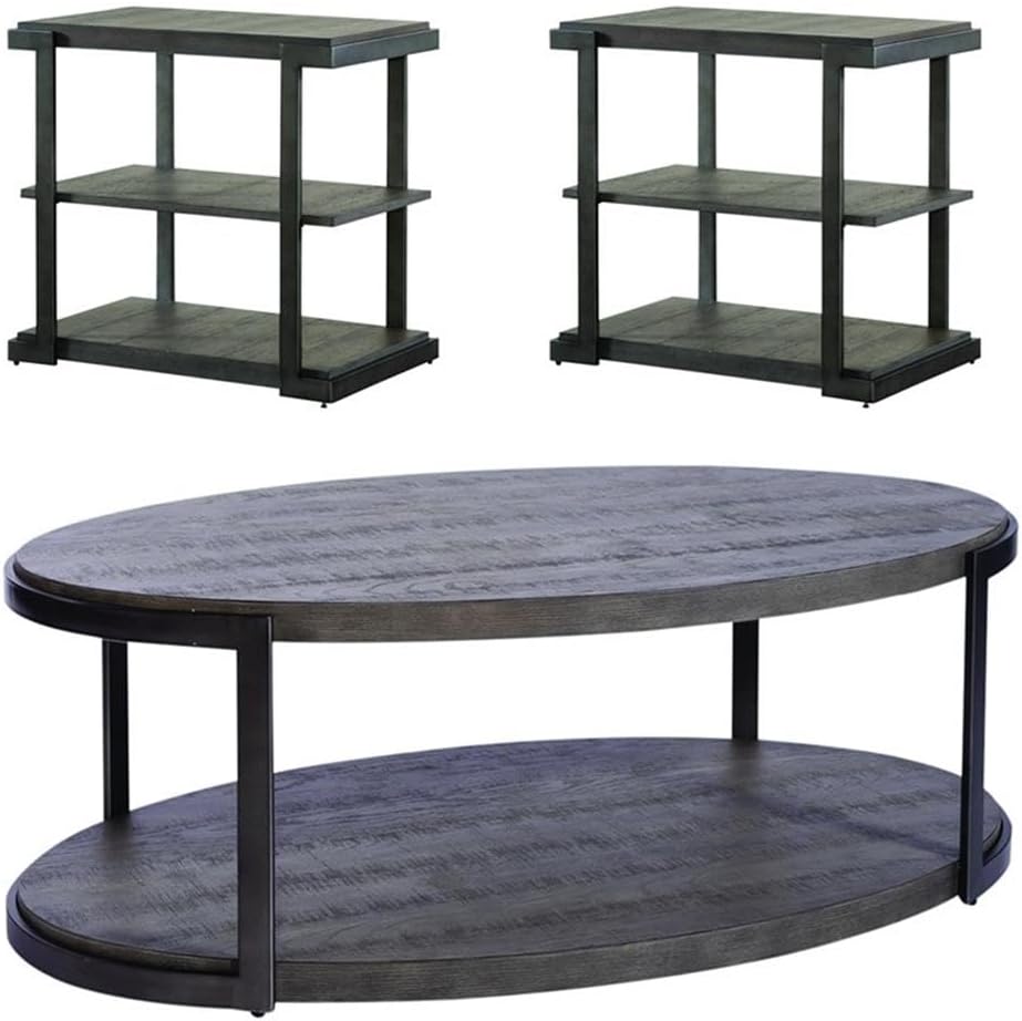 Pemberly Row 3-Piece Living Room Table Set, Metal Frame and Gray Wirebrush Fi...