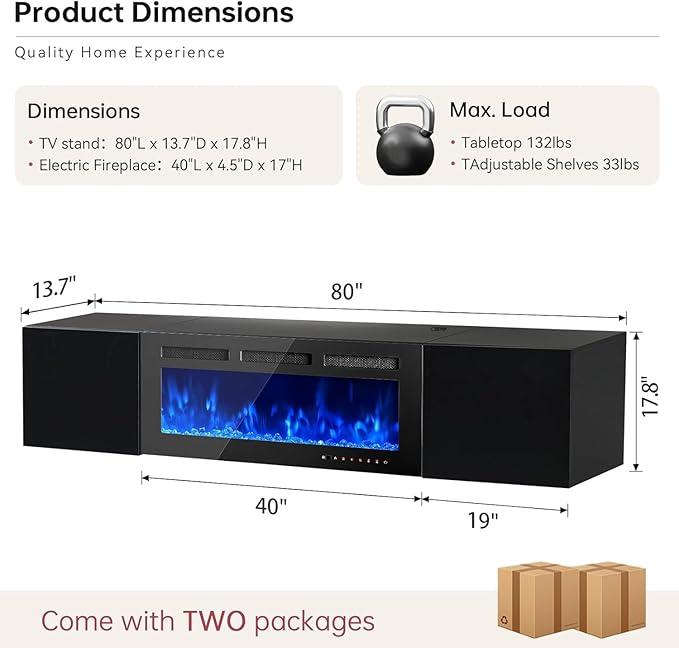 MXV 80'' Floating TV Stand with 40" Electric Fireplace, Modern Media Entertainment Center, TV Console Cabinet Wall Mounted with Adjustable 12-Color LED Lights, for Living Room, Black + Black