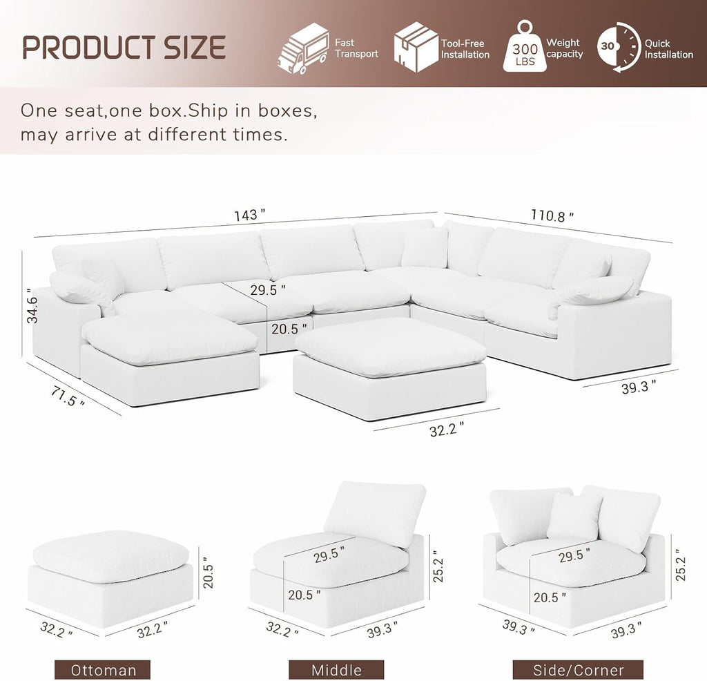 Cloud Modular Sectional Sofa,253.8" Down Filled Sofa 7 Seat with Chaise,Minimalist Sofa Cover Washable and Replaceable Couches for Living Room,Sectional Sofa Deep Seat