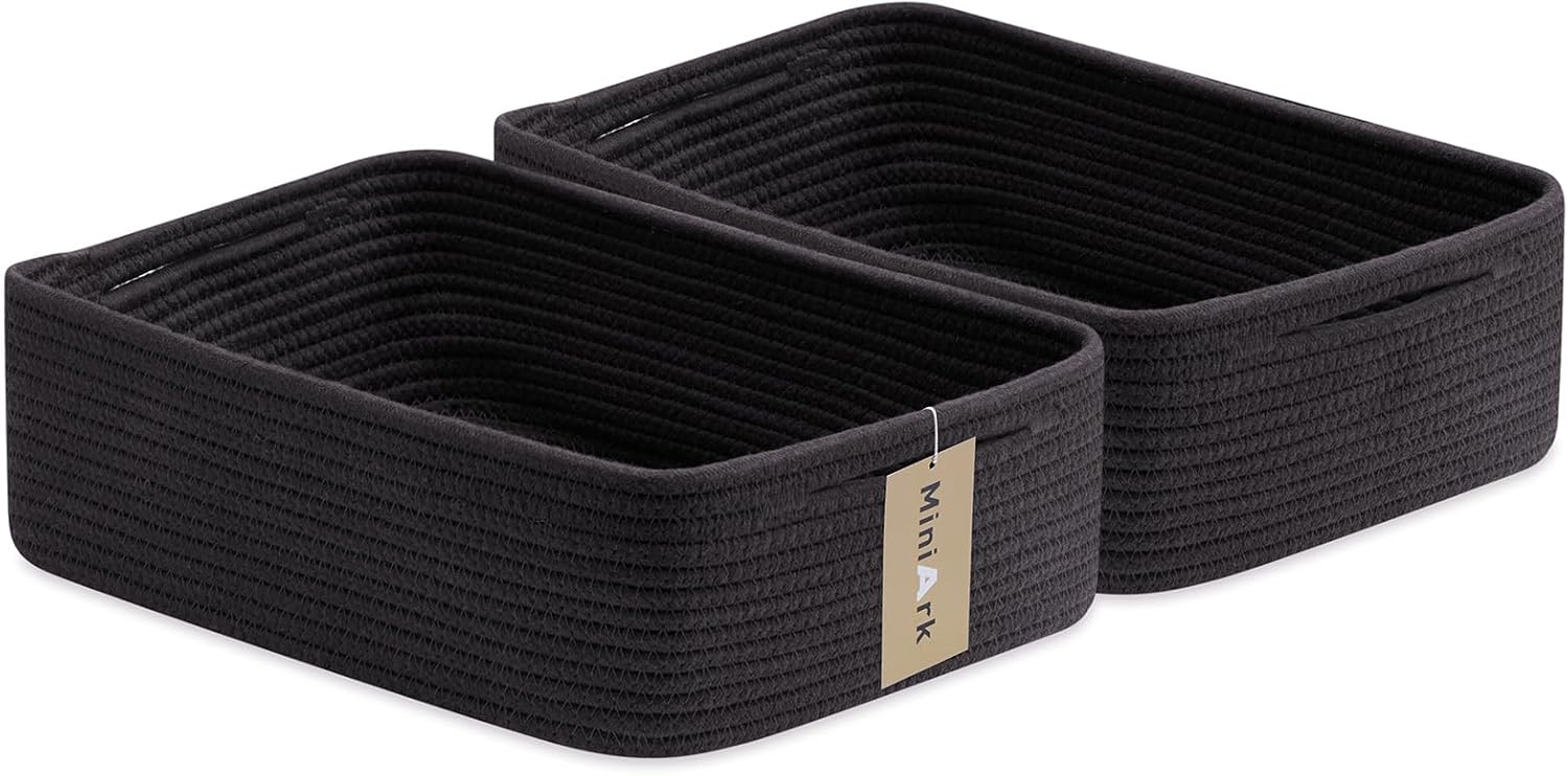 Large Shallow Organizing Baskets 15x11x5.1 Inches - Rope Woven Storage Bins for Bathroom, Shelves, Cube Closet, Black 2 Packs