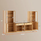 TUSY 71" TV Stand Storage Set - 2 Tall Bookcases & 2 Side Cabinets, Media Console with Glass & Wood Doors, Entertainment Center with Drawers, Tall Media Console for Living Room (Wood, AFFA)