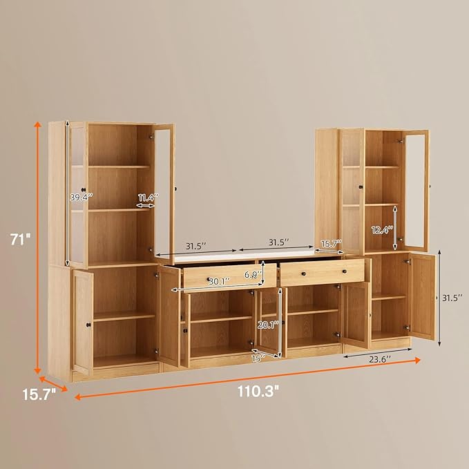 TUSY 71" TV Stand Storage Set - 2 Tall Bookcases & 2 Side Cabinets, Media Console with Glass & Wood Doors, Entertainment Center with Drawers, Tall Media Console for Living Room (Wood, AFFA)