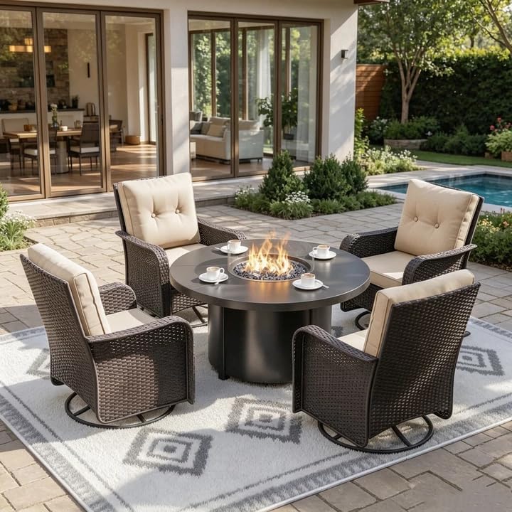 ALAULM 7-Piece Outdoor Swivel Rocking Chair Set with 40,000 BTU Round Fire Pi...