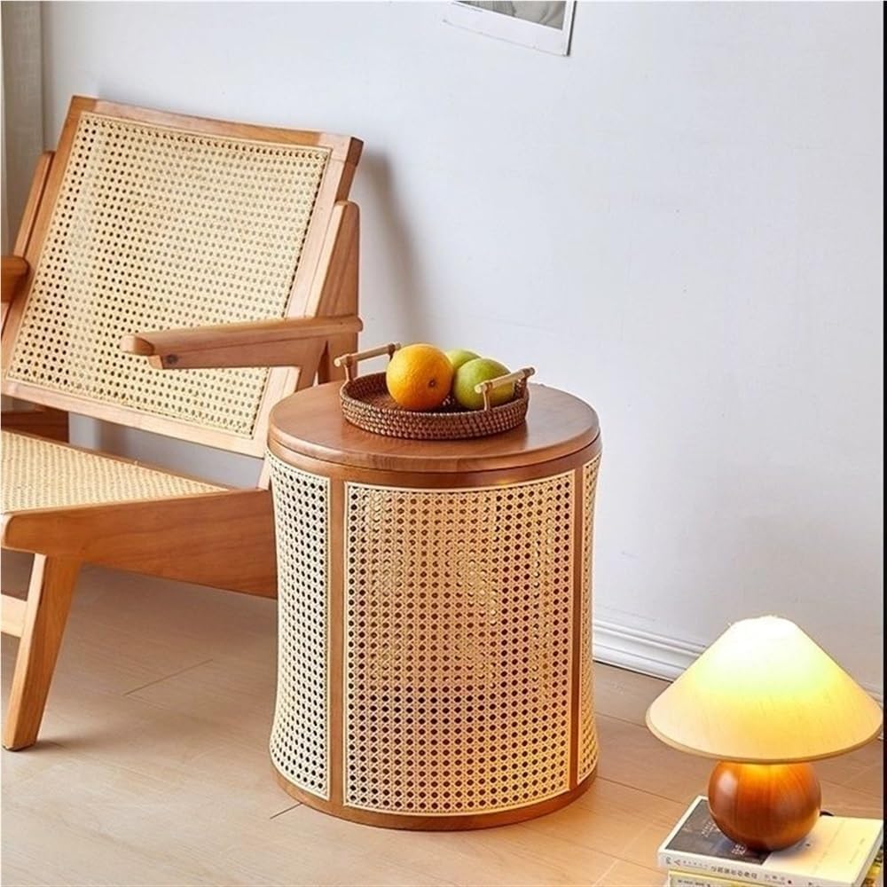 Round Wood Rattan Side Table Japanese Style Small Coffee Table with Storage B...