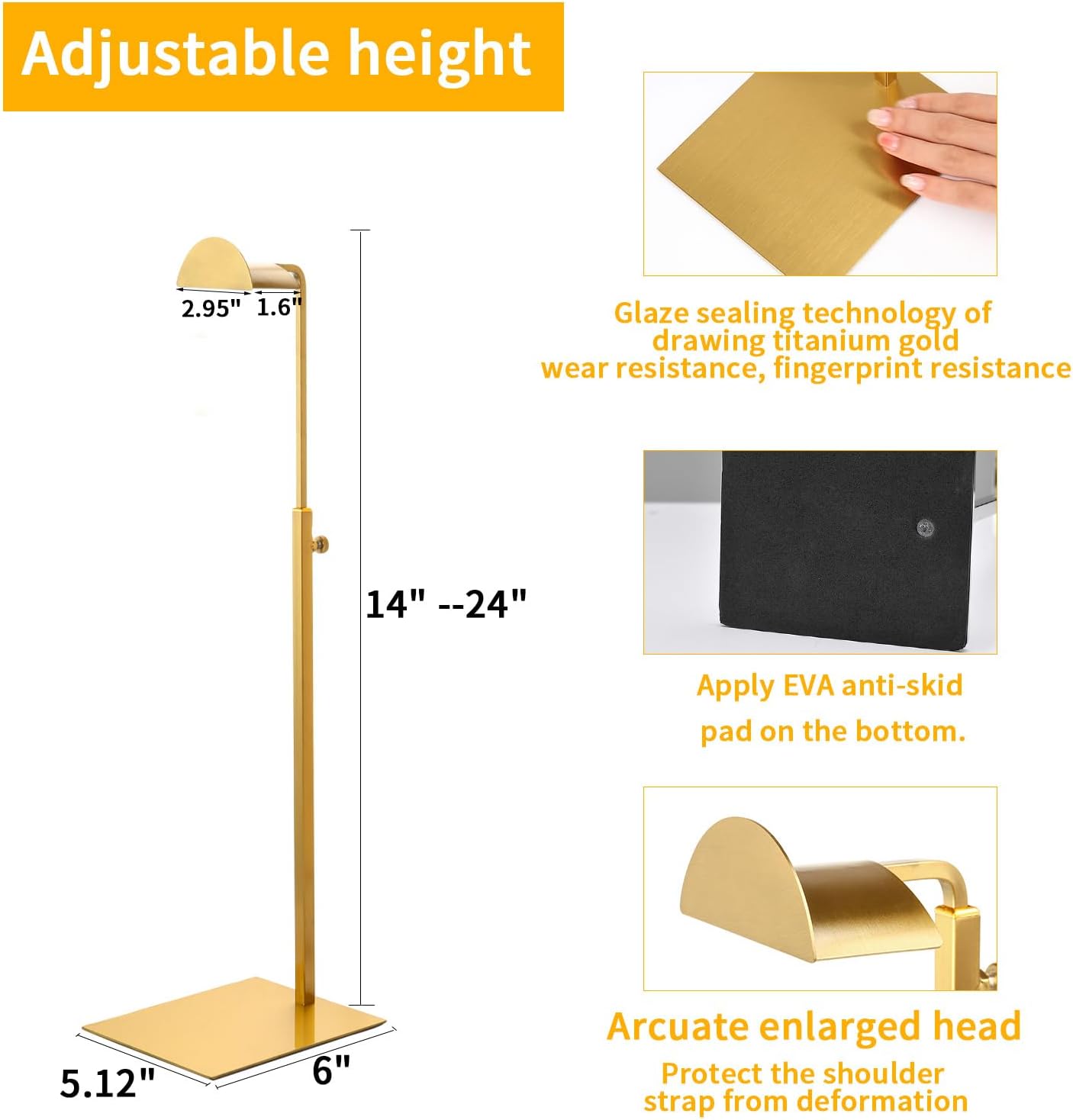 Purse Display Stands, 3 Pack Gold Purse Display Rack Stainless Steel Handbag Display Stand Adjustable Height Bag Stand Holder Anti-fingerprint Hanger Rack for Retail Boutiques Commercial Store