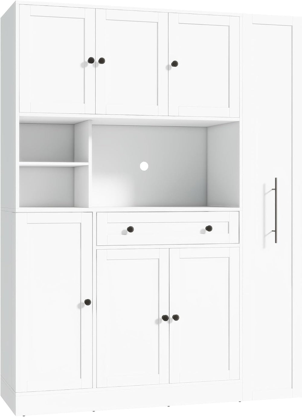 Farmhouse Freestanding Kitchen Pantry with Pull-Out Side Cabinet, Door Shelve...