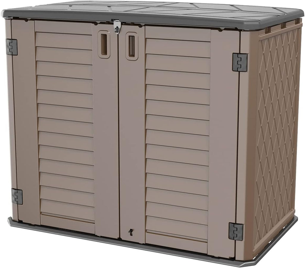 Horizontal Resin Storage Shed, 34 Horizontal Cu.ft Outdoor Storage Cabinet Waterproof for Garden/Backyard/Home/Pool, Lockable(34 Cu.ft-Brown)