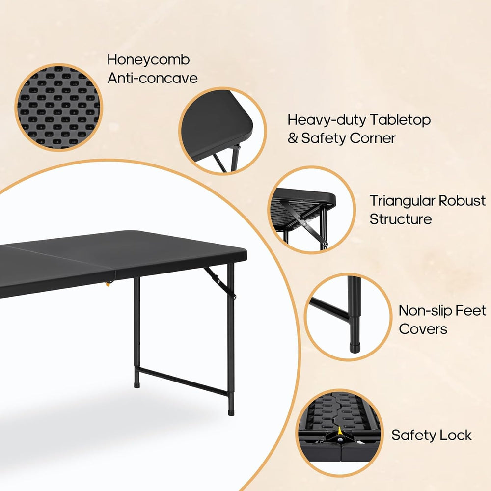 4ft Folding Table with Adjustable Height, 3-Level Foldable Table with HDPE To...