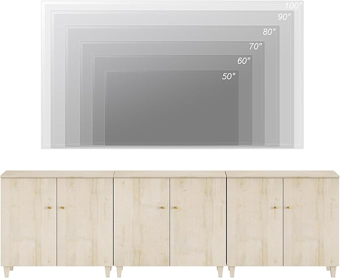 WAMPAT TV Stand Cabinets for 85+ Inches TVs, 3-in-1 Wood Entertainment Center with Doors and 9 Compartments, 106" Modern Media Console Table with Storage for Living Room Bedroom, Natural Oak