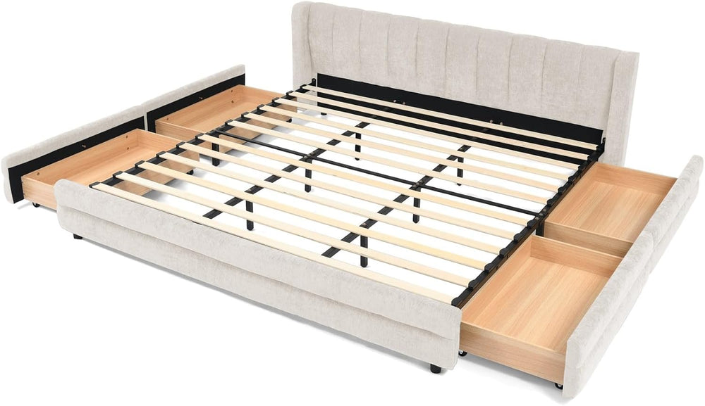 KEIKI Thick Chenille King Bed Frame with 4 Storage Drawer & Upholstered T...