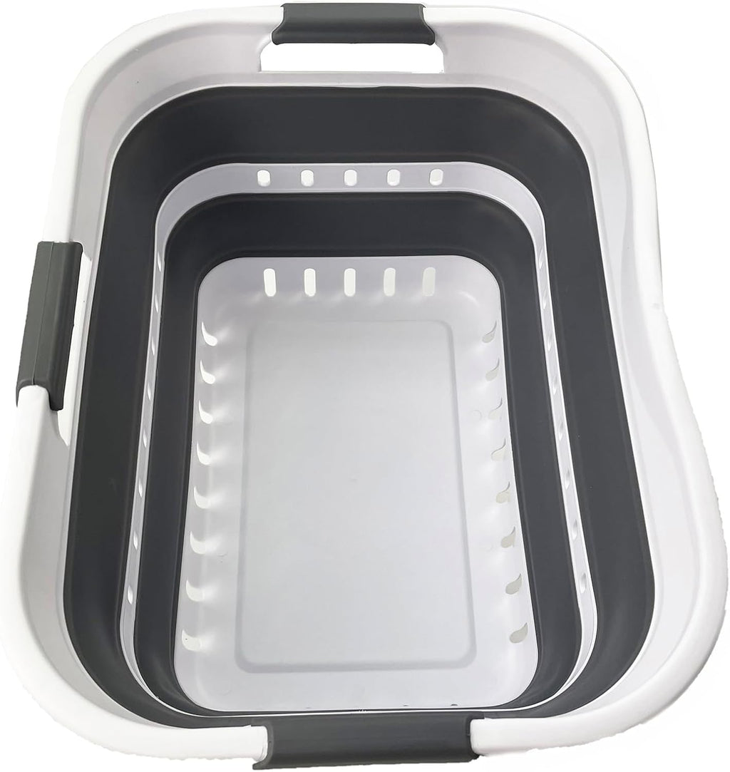 SAMMART Collapsible Plastic Rectangular Laundry Basket - Foldable Pop Up Storage Container/Organizer - Portable Laundry Hamper - Space Saving (White/Steel Grey, 30L)