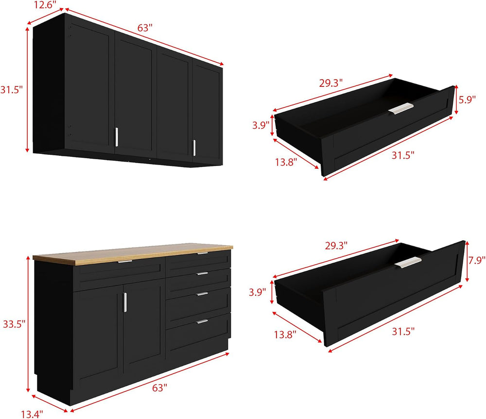 WOODTIME Wall Mounted Cabinet and Pantry with Countertop, Wooden Modern 2 Pie...