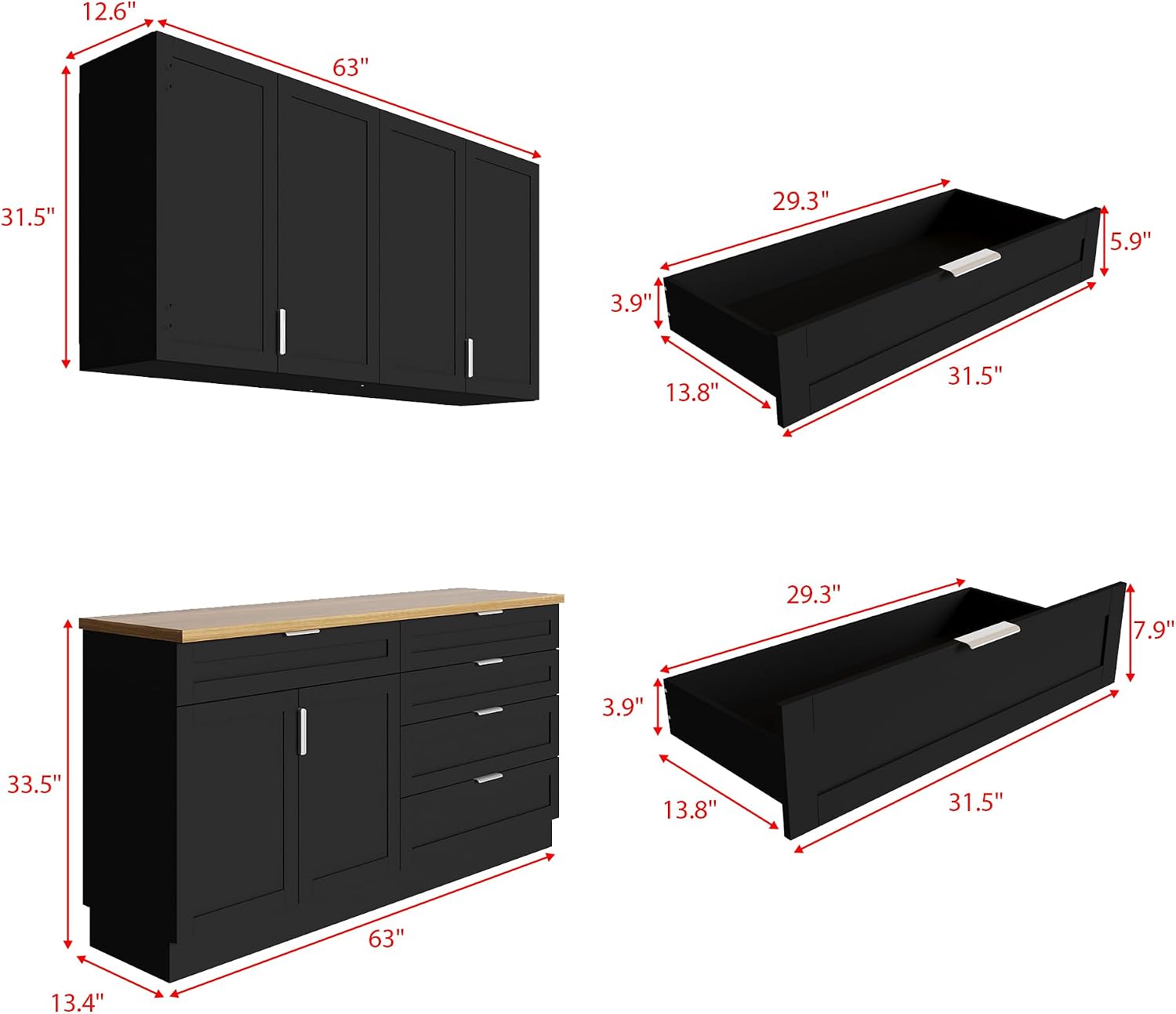 WOODTIME Wall Mounted Cabinet and Pantry with Countertop, Wooden Modern 2 Piece Kitchen Storage Cabinet with Drawers & Shelves for Dining Room Living Room, Black