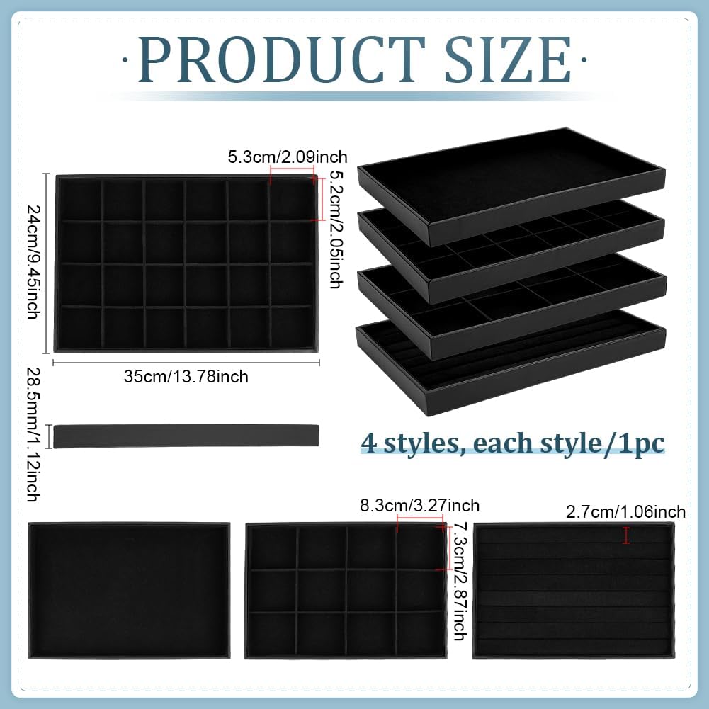 PH PandaHall Black Jewelry Tray 4 Pack Jewelry Organizer Tray Rectangle Display Trays Stackable Storage Case for Earrings Rings Necklaces Dresser Drawer Vendor Display Christmas Decor, 13.7x9.4inch