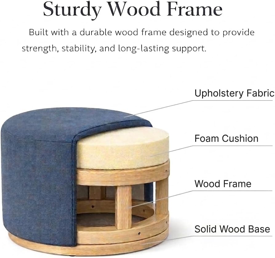 Spatial Order 22" Round Ottoman with Wooden Base - Blue Woven Fabric