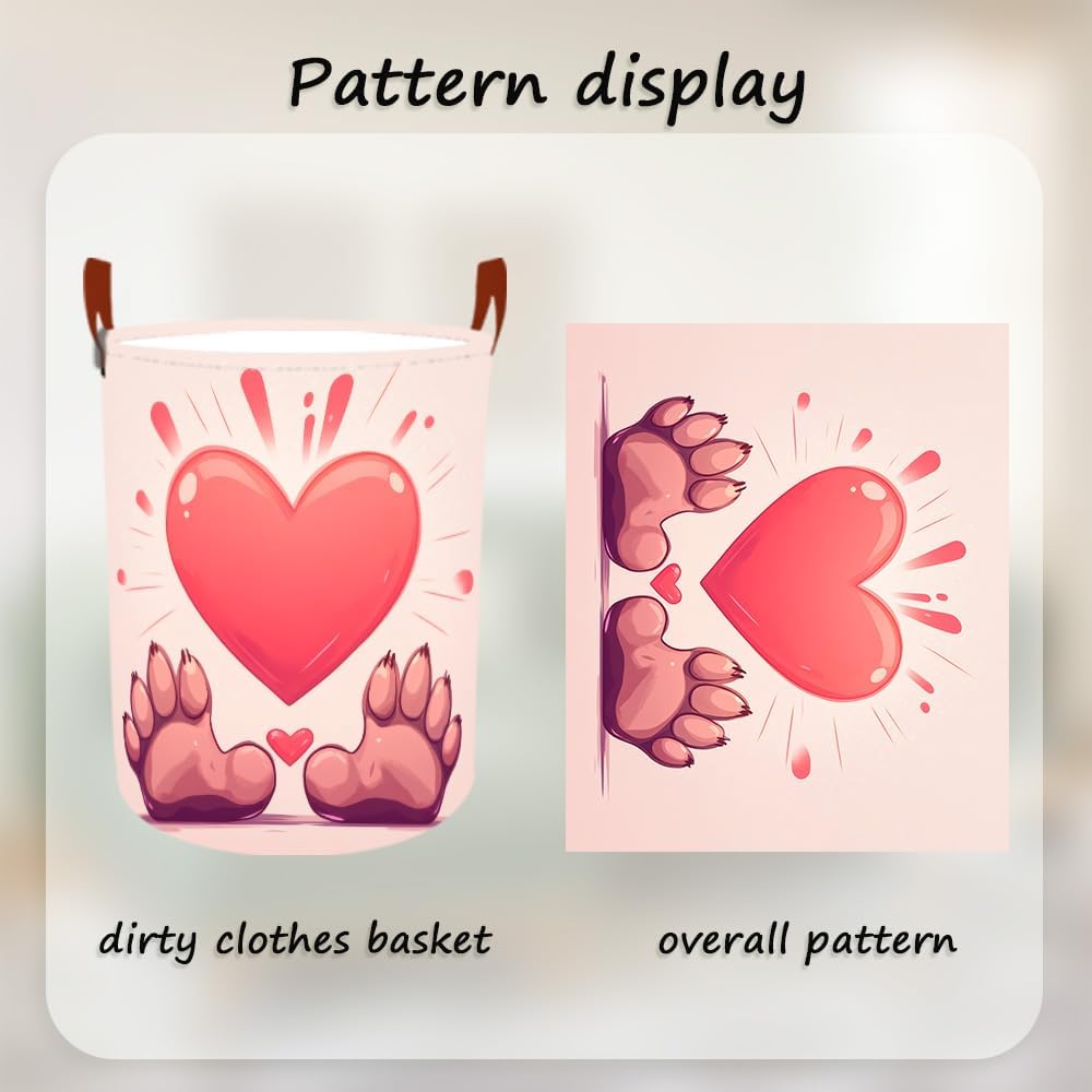 Laundry Baskets 15.7x19.7 Inch Large Paw Print Heart Design Collapsible Laundry Hamper with Handles Oxford Fabric Clothes Storage Bin Foldable Dirty Clothes Organizer for Bedroom Bathroom Dorm