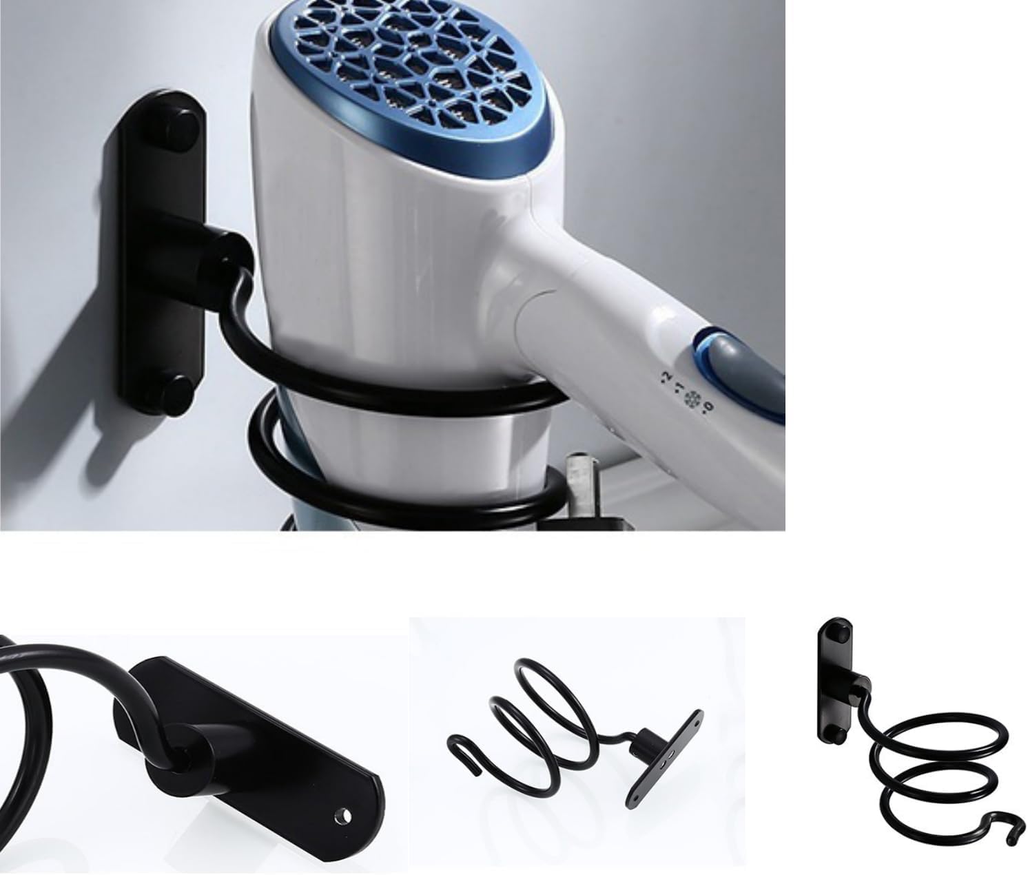 Blow Dryer Holder Wall Mounted Bathroom Hair Dryer Hanger Hair Tool Organizer for Full Size Dryer Swivel Storage Rack with Armrests for Flat Iron Curling Iron Space Saving Design (Black)