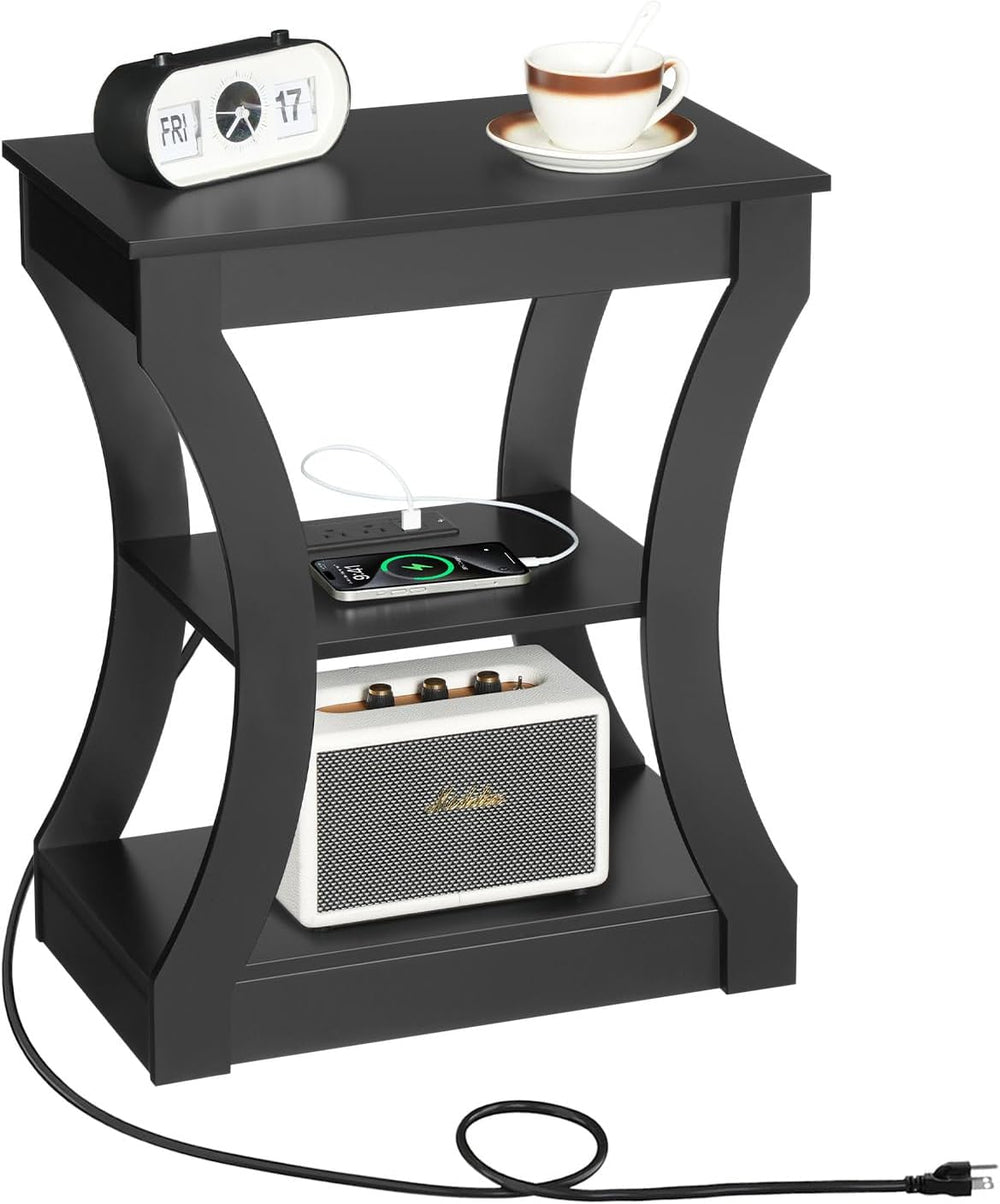 MAHANCRIS Black End Table with Charging Station, Skinny Side Table with USB P...