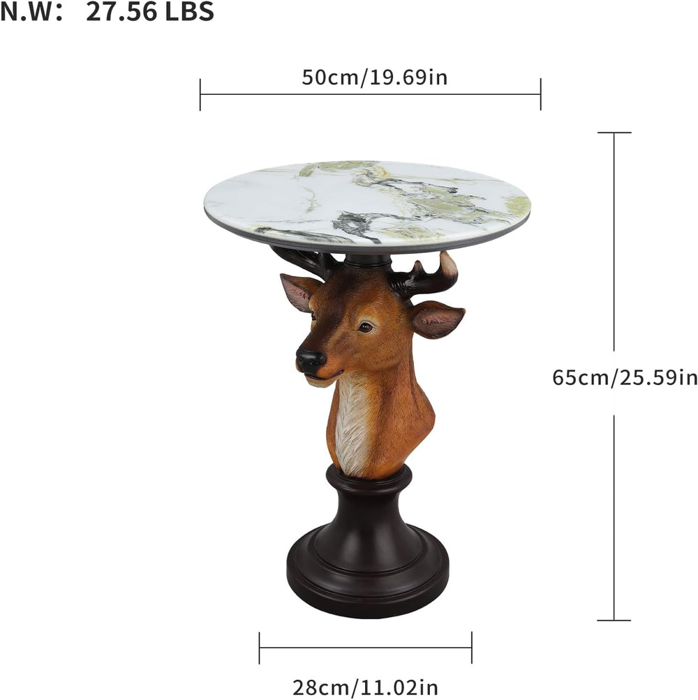 Deer Head Accent Table with Resin Animal Statue, Round Faux Marble End Tables...