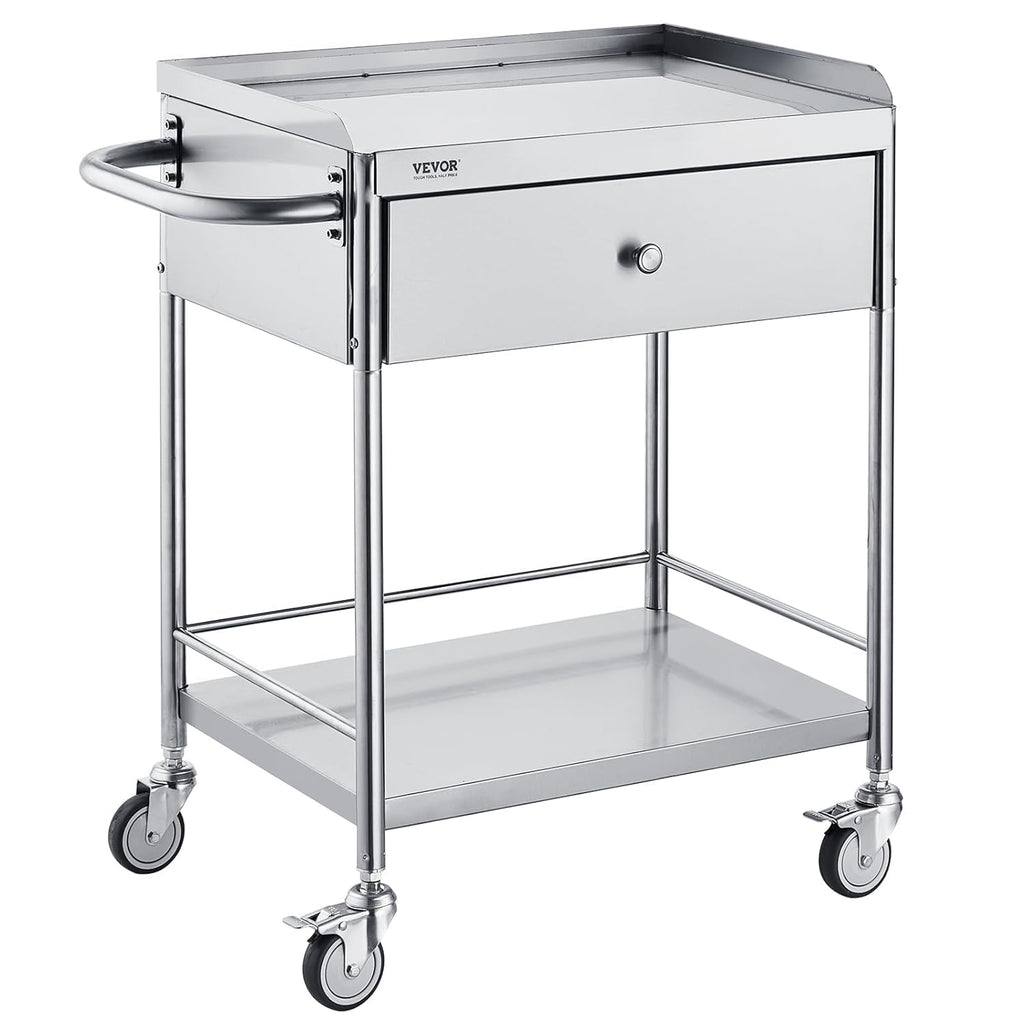VEVOR Medical Cart, 2-Layer Stainless Steel Cart 220 lbs Weight Capacity, Lab Utility Cart with 360° Silent Wheels and a Drawer for Lab, Clinic, Kitchen, Salon