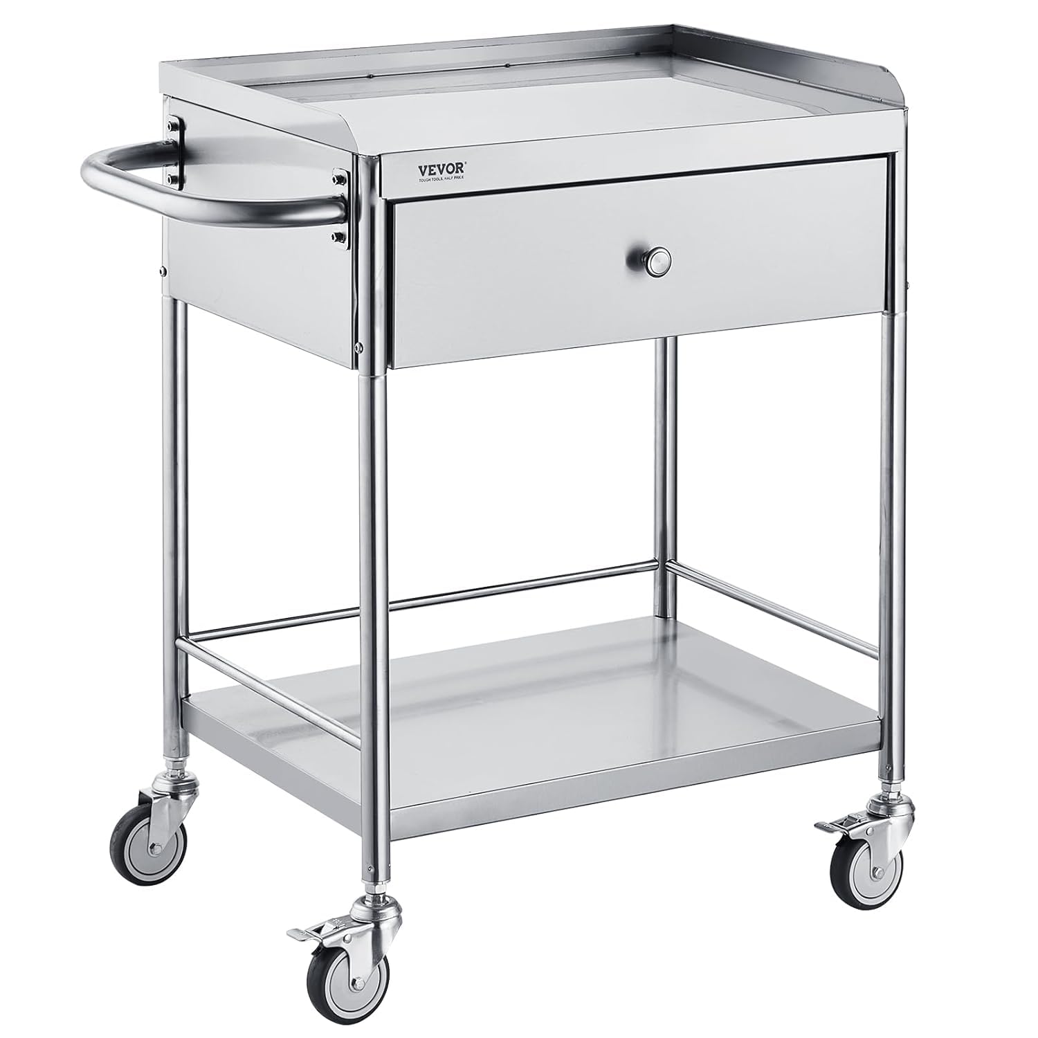 VEVOR Medical Cart, 2-Layer Stainless Steel Cart 220 lbs Weight Capacity, Lab Utility Cart with 360° Silent Wheels and a Drawer for Lab, Clinic, Kitchen, Salon