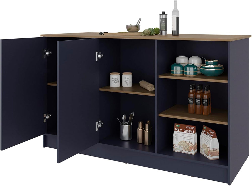 Kitchen Island with 2 Doors and 7 Shelves Alby Blue/Natural Oak | Dual-tone f...