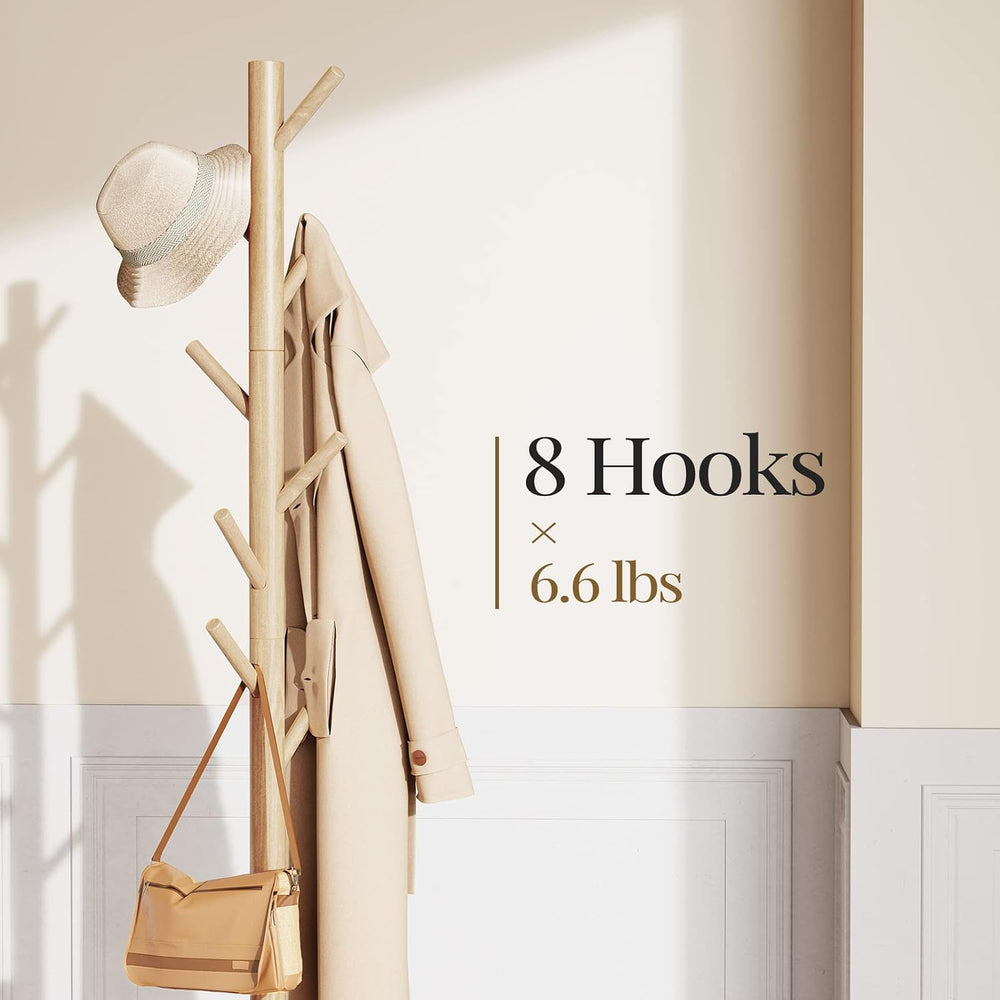 Pipishell Solid Wooden Coat Rack Freestanding with 8 Hooks, Natural