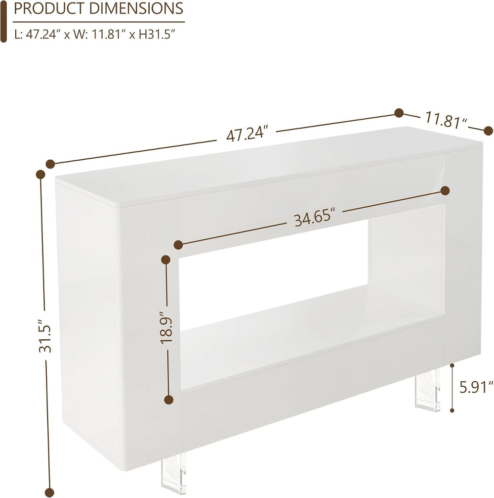 47" High Gloss Console Table with Hidden Side Storage, White | Modern en...